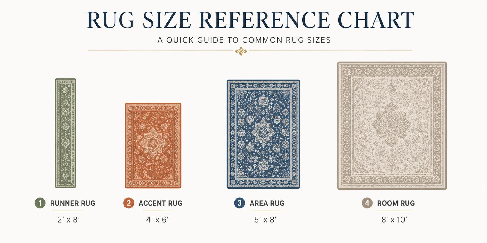 Rug size reference chart comparing four common area rug sizes at relative scale: runner rug at 2 by 8 feet for hallways and entryways, accent rug at 4 by 6 feet for smaller spaces, area rug at 5 by 8 feet for anchoring furniture, and room rug at 8 by 10 feet for larger furniture arrangements and open spaces