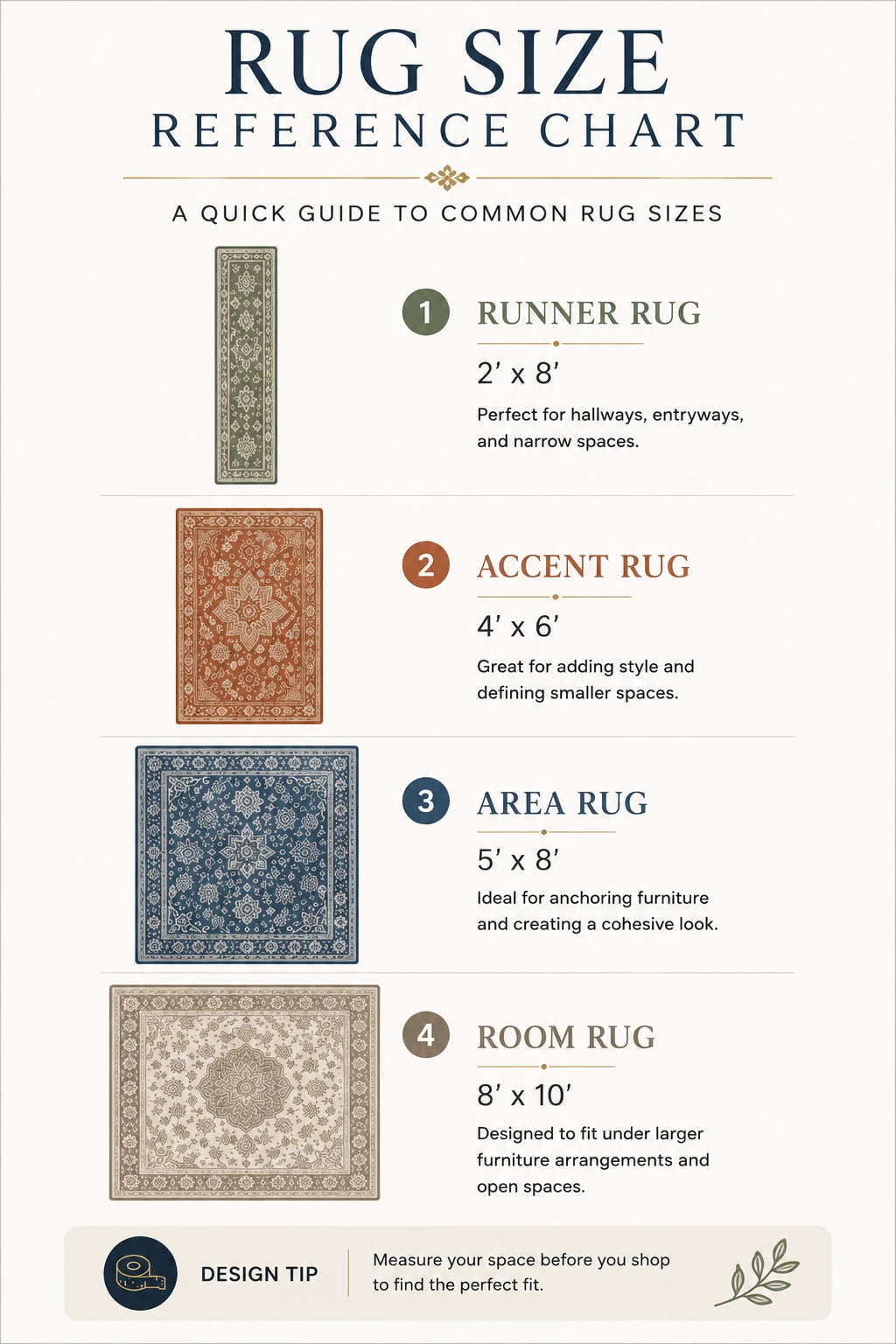 Rug size reference chart comparing four common area rug sizes: runner rug at 2 by 8 feet for hallways and entryways, accent rug at 4 by 6 feet for smaller spaces, area rug at 5 by 8 feet for anchoring furniture, and room rug at 8 by 10 feet for larger furniture arrangements and open spaces