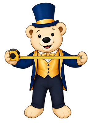 Furniture Fair mascot Share Bear holding a tape measure for dining room space planning