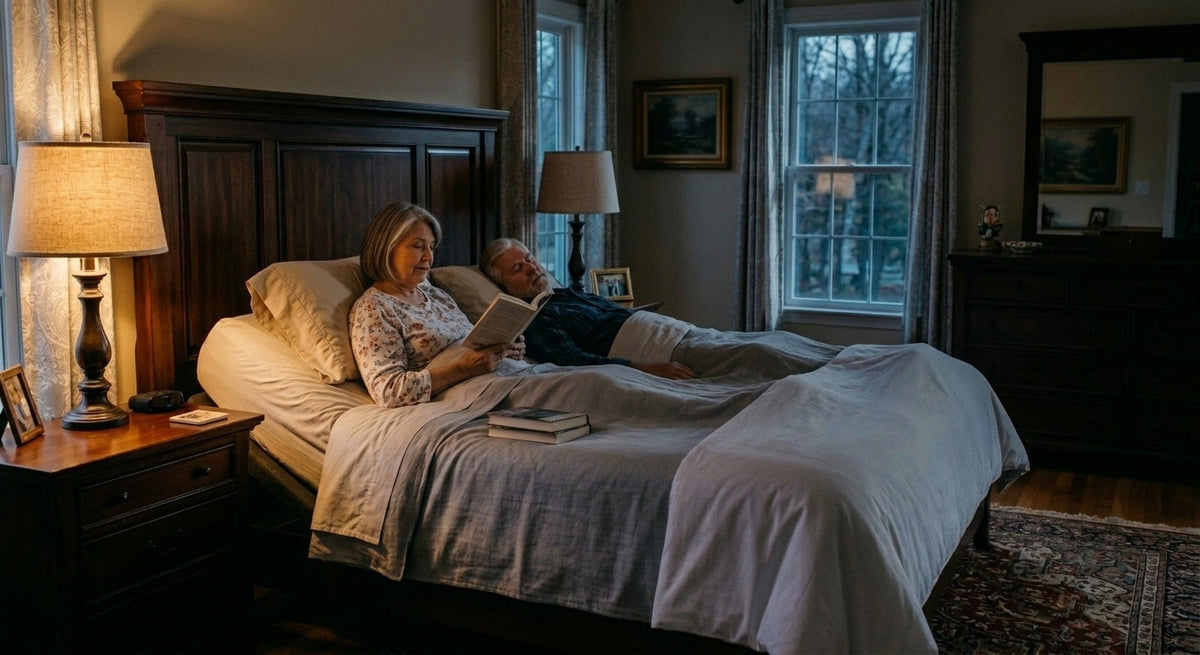 Couple on split head mattress, one partner sitting up reading while the other sleeps flat