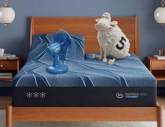 Serta iSeries split head mattress with one side elevated and Serta sheep mascot on flat side, demonstrating independent head adjustment
