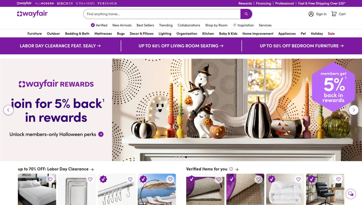 Wayfair website homepage showing furniture browsing interface