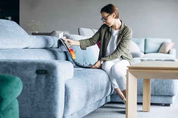 Woman examining colorful fabric swatches while seated on a light blue sofa in a furniture showroom