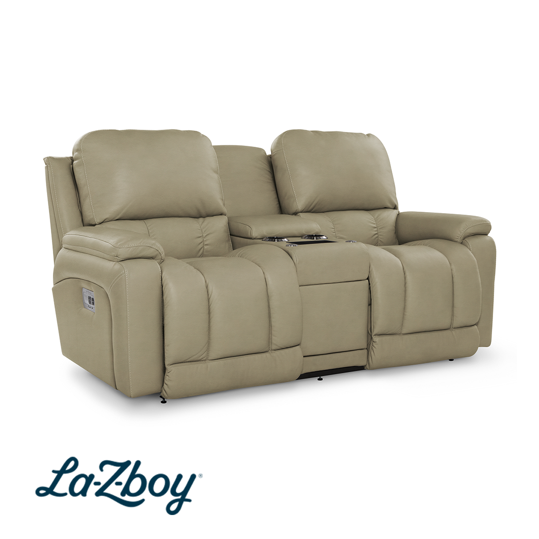 Greyson Leather Power Reclining Loveseat with Console and Wireless Remote from La-Z-Boy Incorporated in Beige, Made in USA - Gray finish