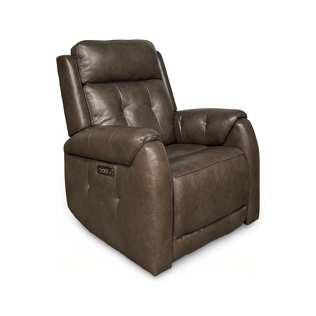 Dark brown power swivel glider leather recliner.