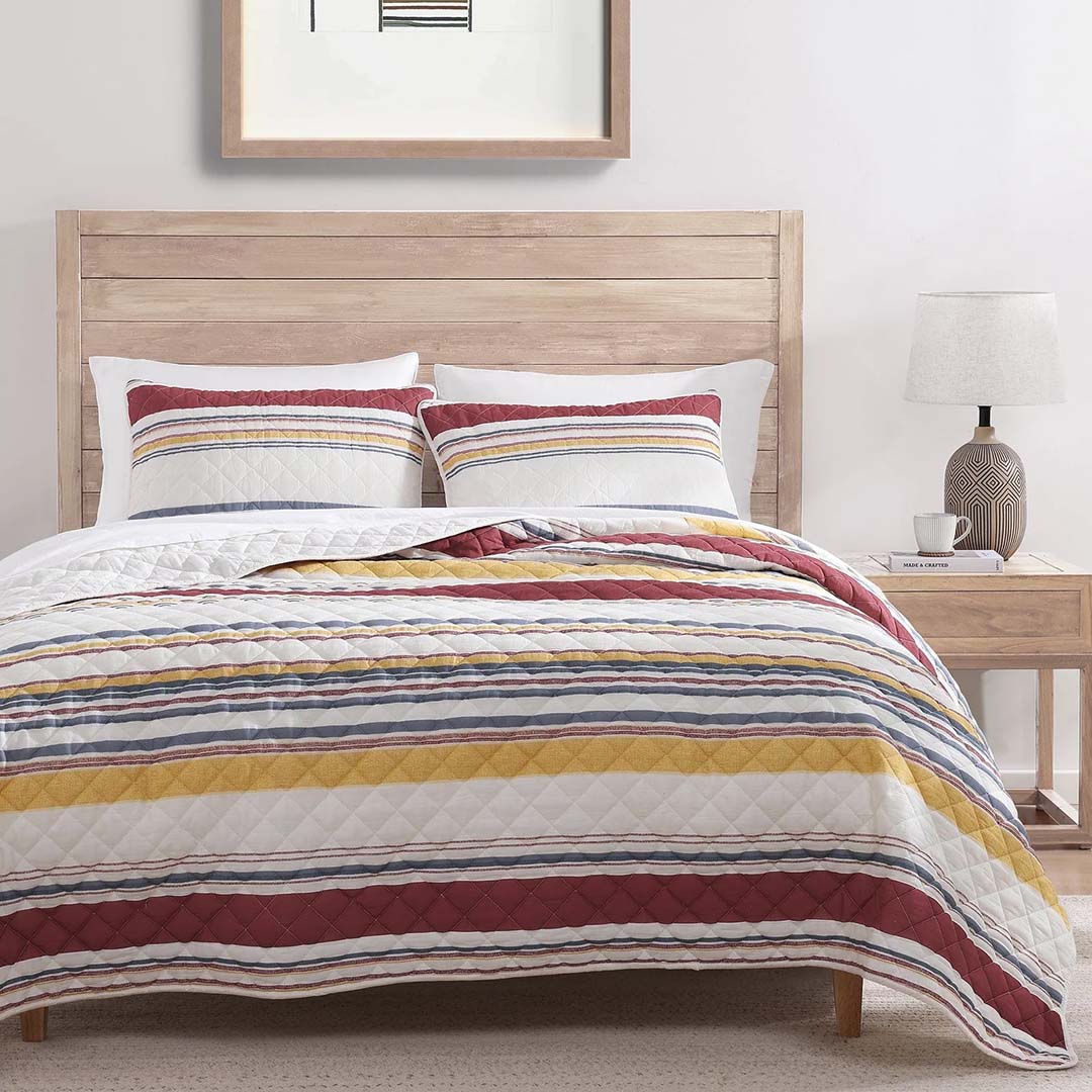 Mystic Stripe Cotton Gauze Quilt Set from Hiend Accents in Queen Red Cotton / Natural Fiber Blend - Alternate angle