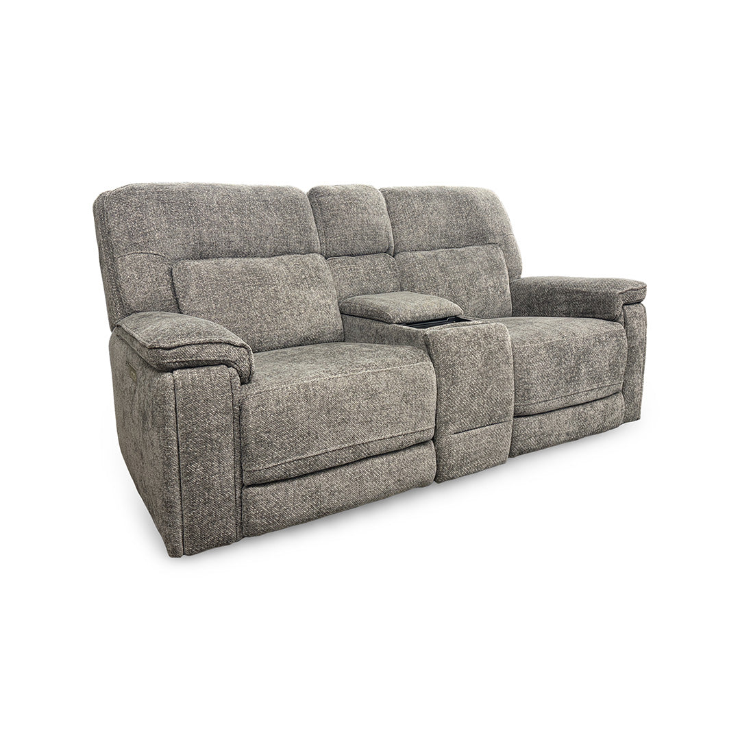Jessica Zero-G Home Theater Loveseat with Console from Moto Motion in Gray Performance Fabric with Audio System, Storage
