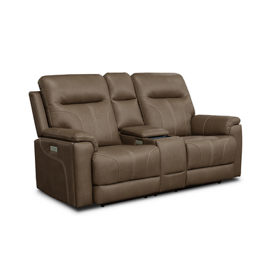 Bruce Zero-G home theater loveseat in brown with triple power, LED lighting, and cup holders, from Moto Motion