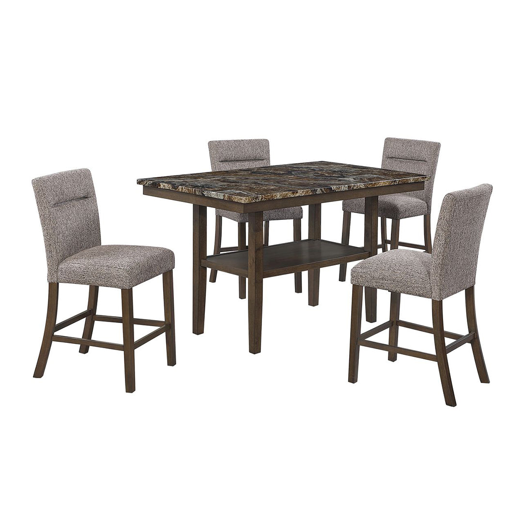 Dining set with a rectangular table and four upholstered stools.