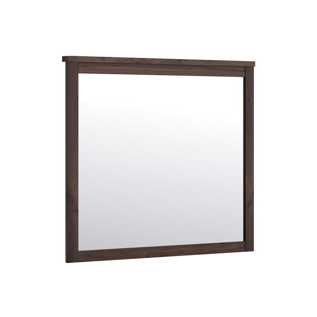 Square mirror with a dark brown frame on a white background
