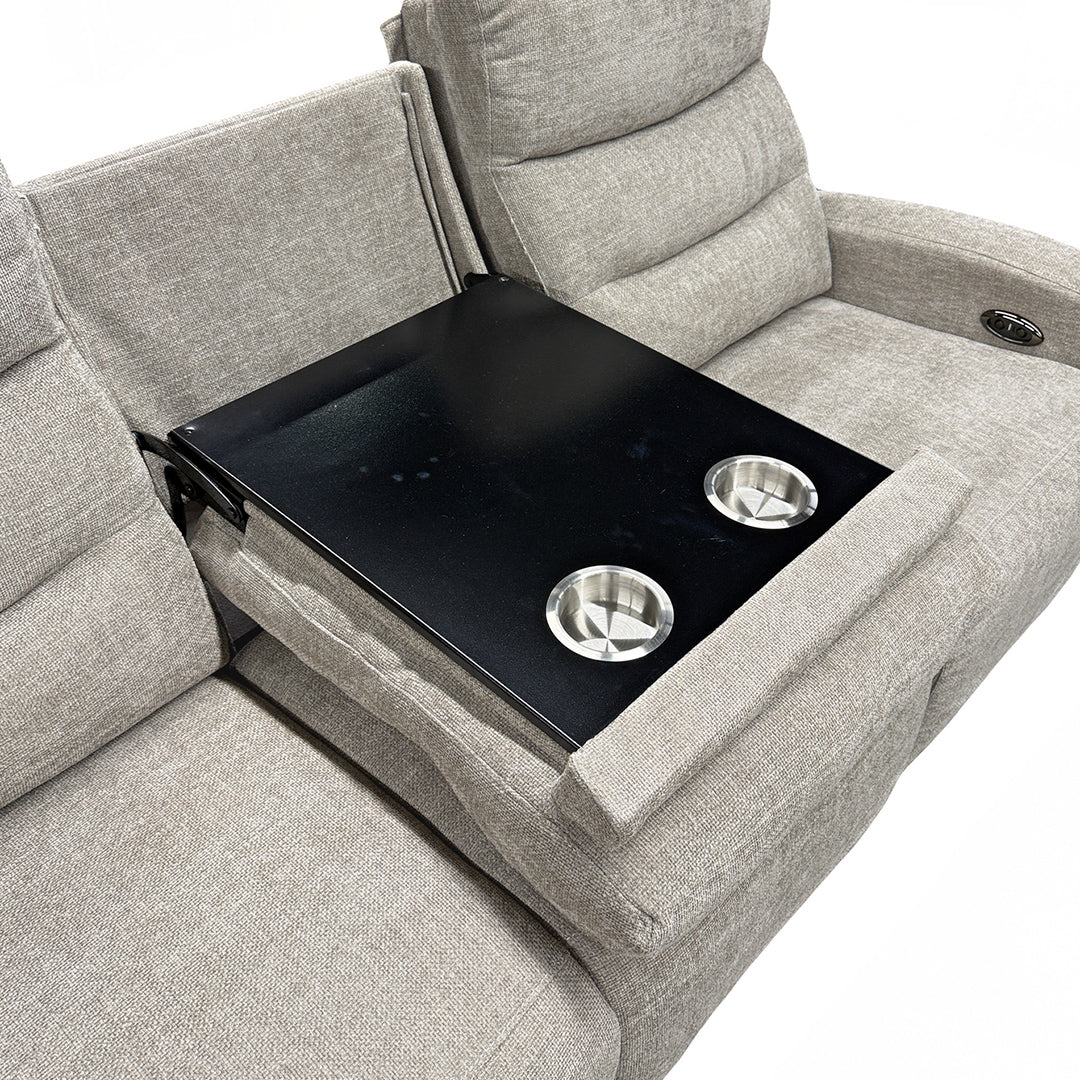 Pontenza Power Reclining Sofa from Washington in Polyester with Cup Holders, Drop Down Table - Beige finish