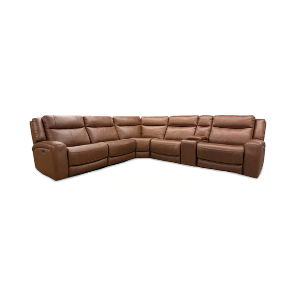 Tranquility Leather Power Reclining Sectional (6-Piece) from Cheers with Cup Holders, Drop Down Table - Brown finish