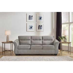 The Miravel Sleeper Sofa by Ashley Furniture in Slate - A sleek and stylish sofa with contemporary design. Upholstered in a stunning slate fabric, this sofa features clean lines and a comfortable seating arrangement. The soft slate color adds a touch of sophistication to any living space. With its plush cushions and sturdy frame, the Miravel Sofa offers both comfort and durability. Perfect for lounging or entertaining guests, this sofa is a perfect addition to modern home decor. Includes a Queen sleeper.