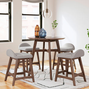 Lyncott Counter Height Dining Set (Grey) - Round counter height table in a medium brown finish with 4 counter height upholstered grey stools featuring a matching medium brown finish on the wood legs.