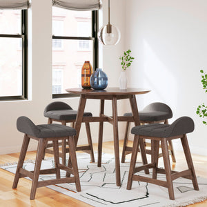 Lyncott Counter Height Dining Set (Charcoal) - Round counter height table in a medium brown finish with 4 counter height upholstered charcoal stools featuring a matching medium brown finish on the wood legs.