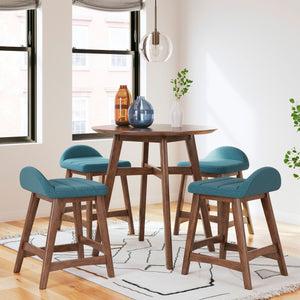 Lyncott Counter Height Dining Set (Blue) - Round counter height table in a medium brown finish with 4 counter height upholstered blue stools featuring a matching medium brown finish on the wood legs.