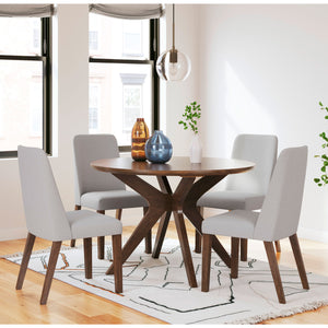 Lyncott Dining Set (Grey) - Round dining height table in a medium brown finish with 4 dining height high back upholstered grey chairs featuring a matching medium brown finish on the wood legs.