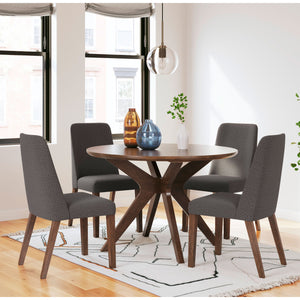 Lyncott Dining Set (Charcoal) - Round dining height table in a medium brown finish with 4 dining height high back upholstered charcoal chairs featuring a matching medium brown finish on the wood legs.