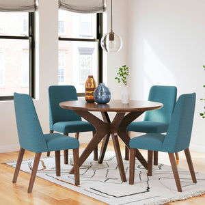Lyncott Dining Set (Blue) - Round dining height table in a medium brown finish with 4 dining height high back upholstered blue chairs featuring a matching medium brown finish on the wood legs.
