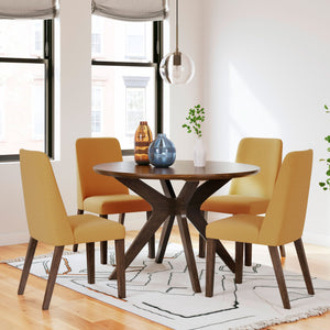 Lyncott Dining Set (Mustard) - Round dining height table in a medium brown finish with 4 dining height high back upholstered mustard chairs featuring a matching medium brown finish on the wood legs.