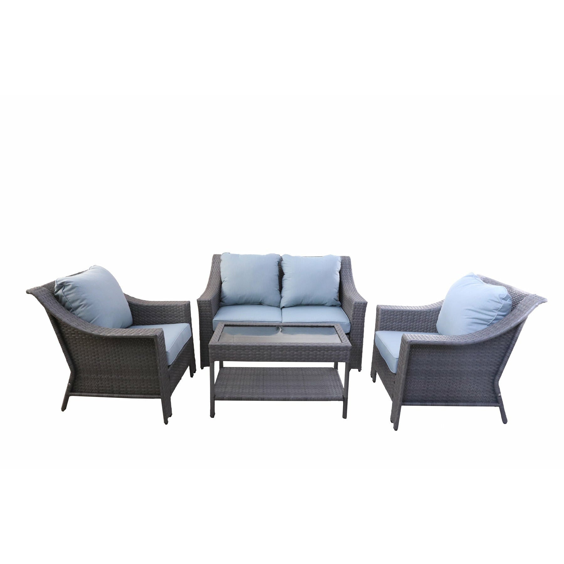 Resort Grey 4-Piece Outdoor Set by Gathercraft. A contemporary outdoor furniture ensemble featuring a loveseat, two club chairs, and a coffee table. The set showcases a sleek grey wicker design with plush blue cushions, creating a luxurious retreat ambiance. Versatile and stylish for any outdoor space.