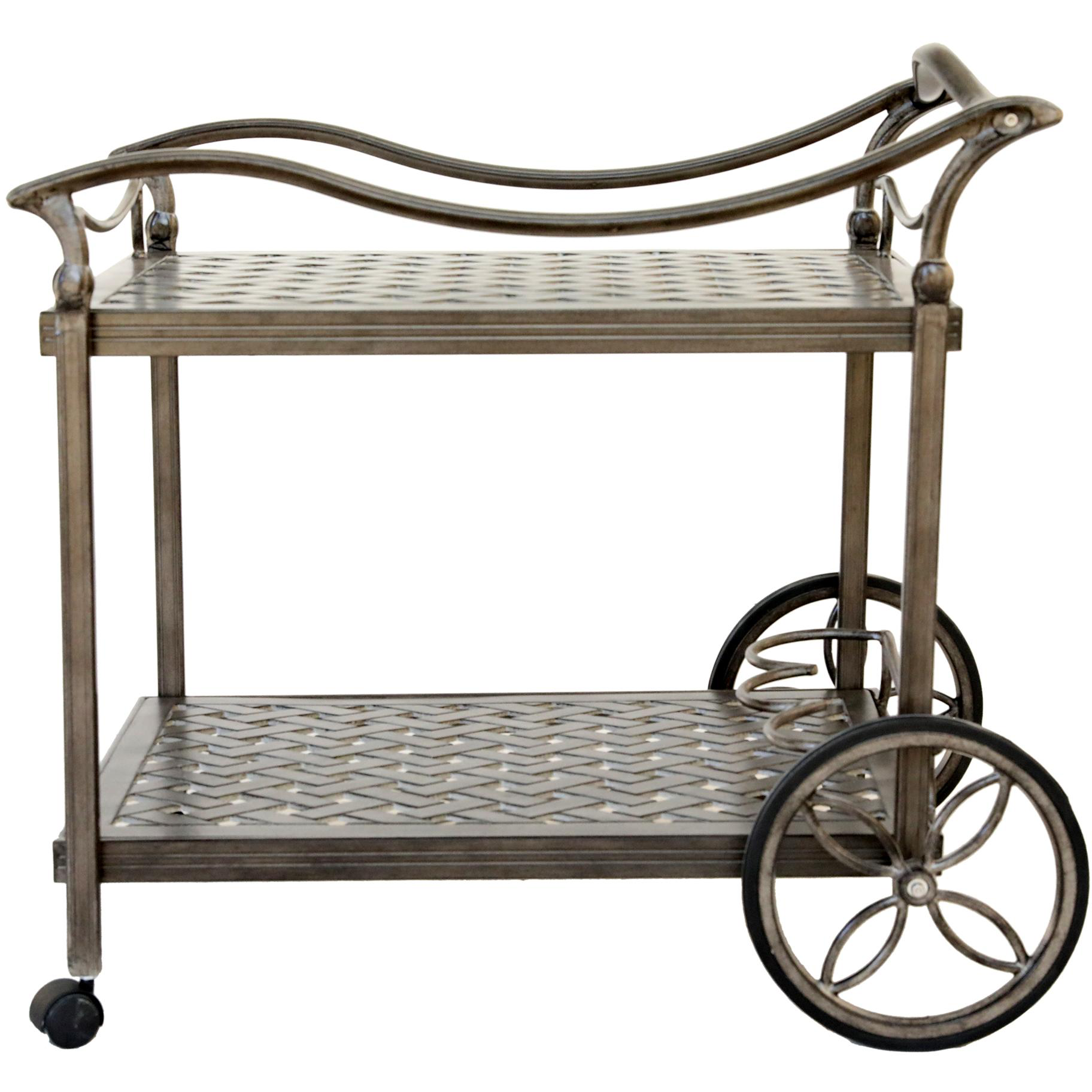 Castlerock Outdoor Tea Cart: A stylish and versatile cart for outdoor entertaining. Durable aluminum frame with weather-resistant finish. Features spacious shelves and convenient handles for easy serving and mobility. Elevate your outdoor space with this elegant and functional tea cart by Gathercraft.